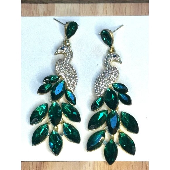 Peacock Crystal Drop Earrings With Green Gemstones - Picture 1 of 9